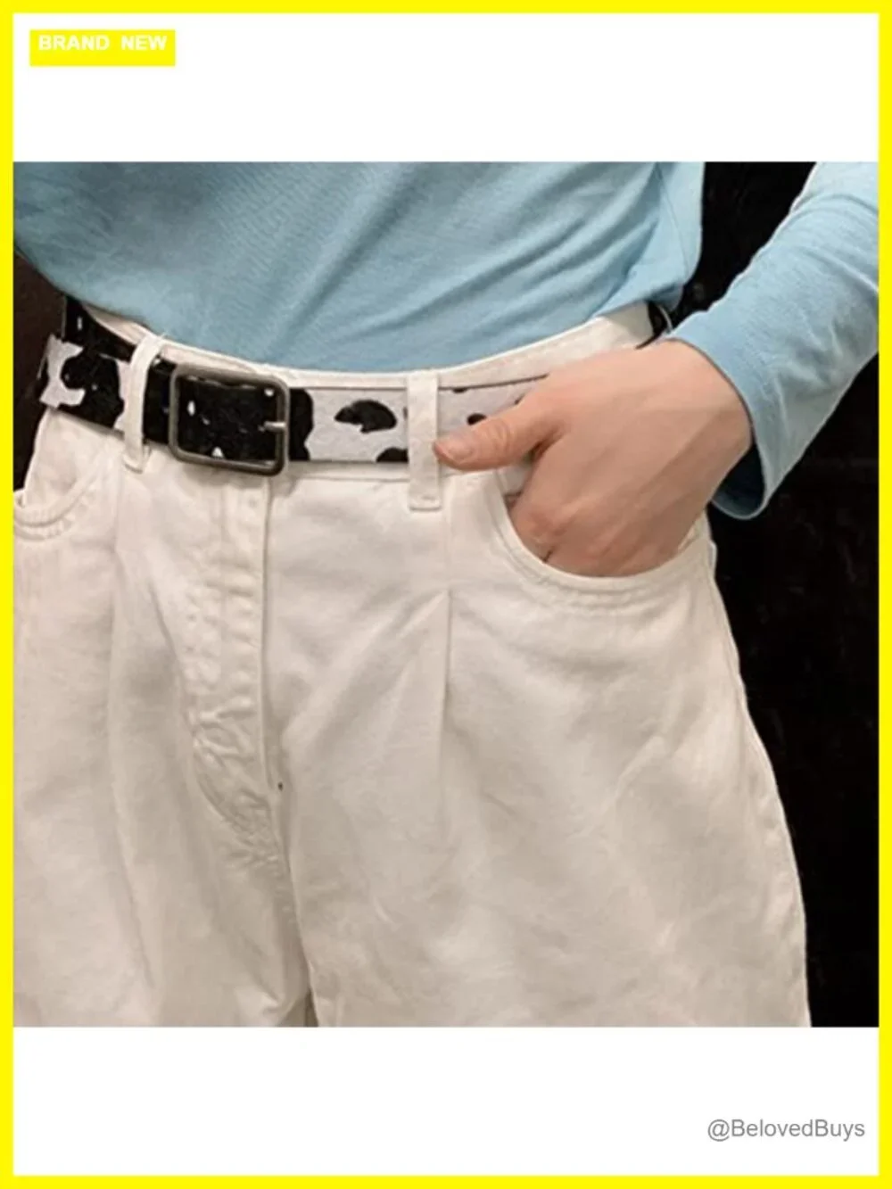 Faux Leather Cow Print Waist Belt for Women Fashion Button Buckle